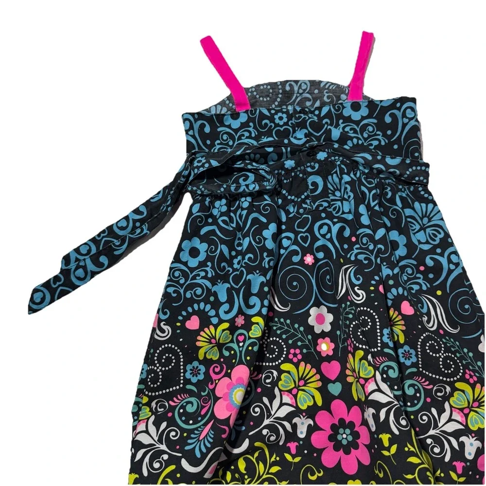 Sugah & Honey Girls Floral Paisley Sundress Boho Pink Straps Waist Sash Size 5